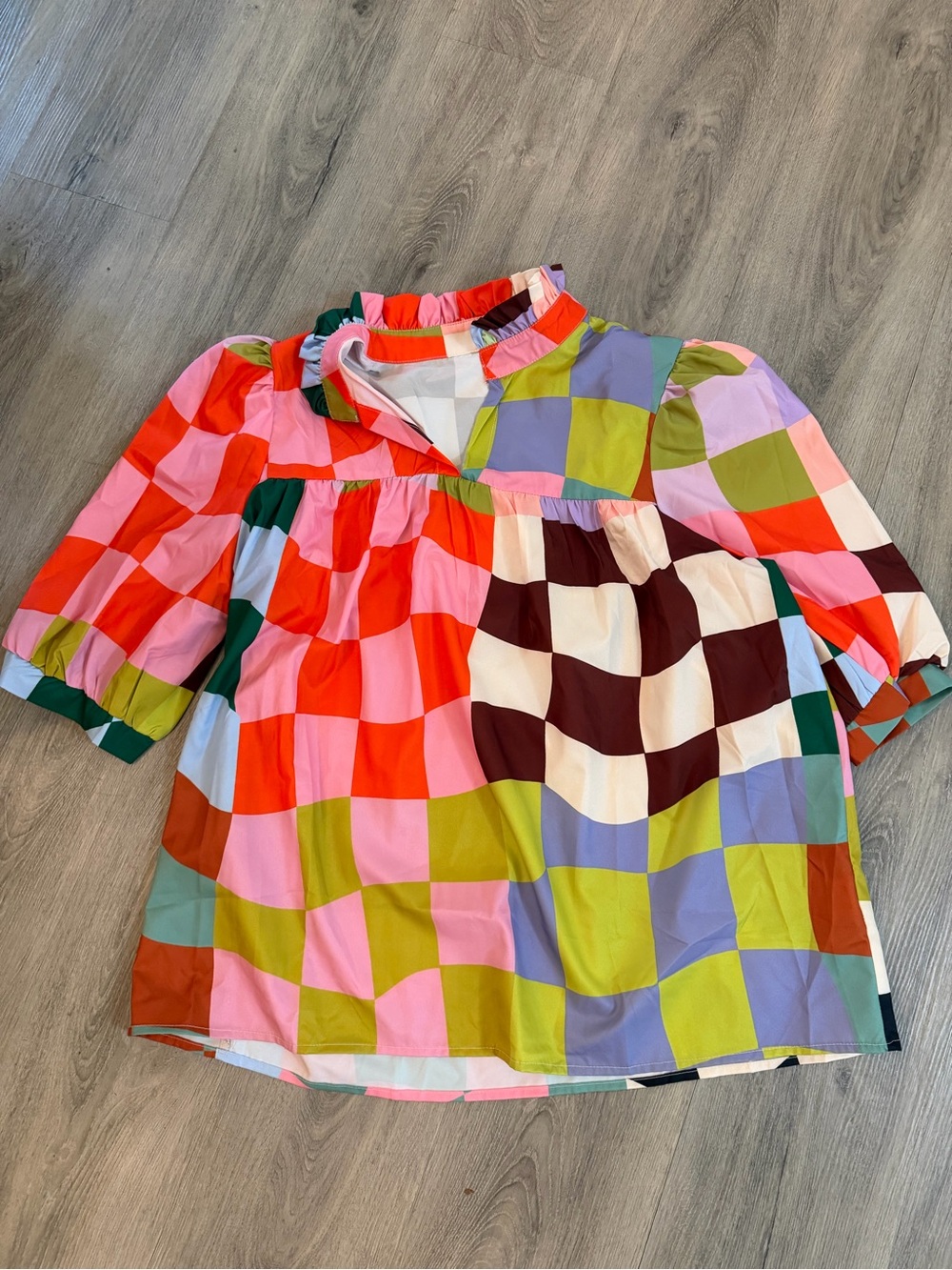 Colorblock Checker Square Pattern Peasant Blouse